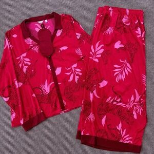 Plus Size 3X Satin Pajamas Tiger Botanical Silky Lounge Sleepwear Complete Set